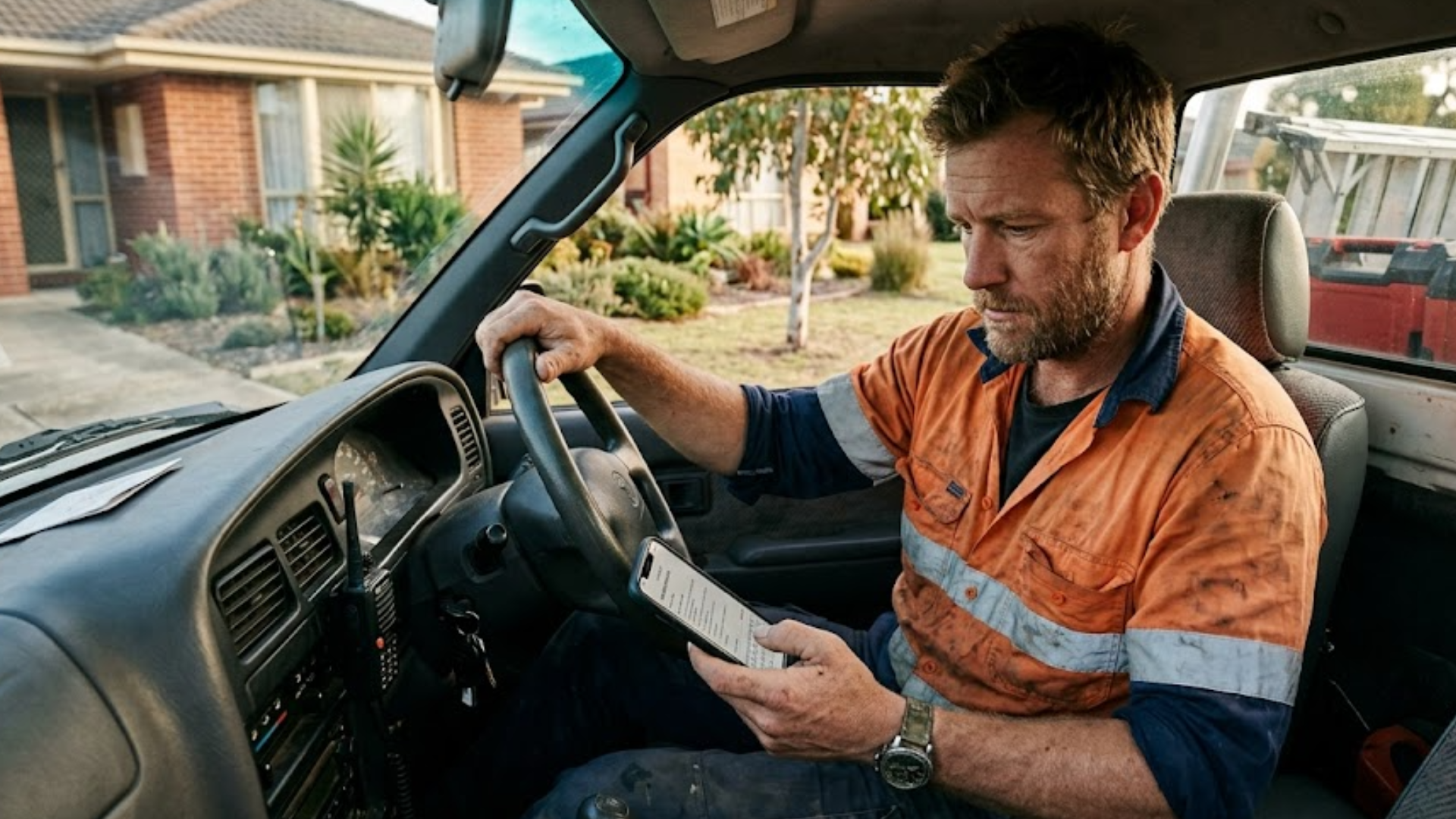 Tradie sending a quote from his phone before leaving the job site